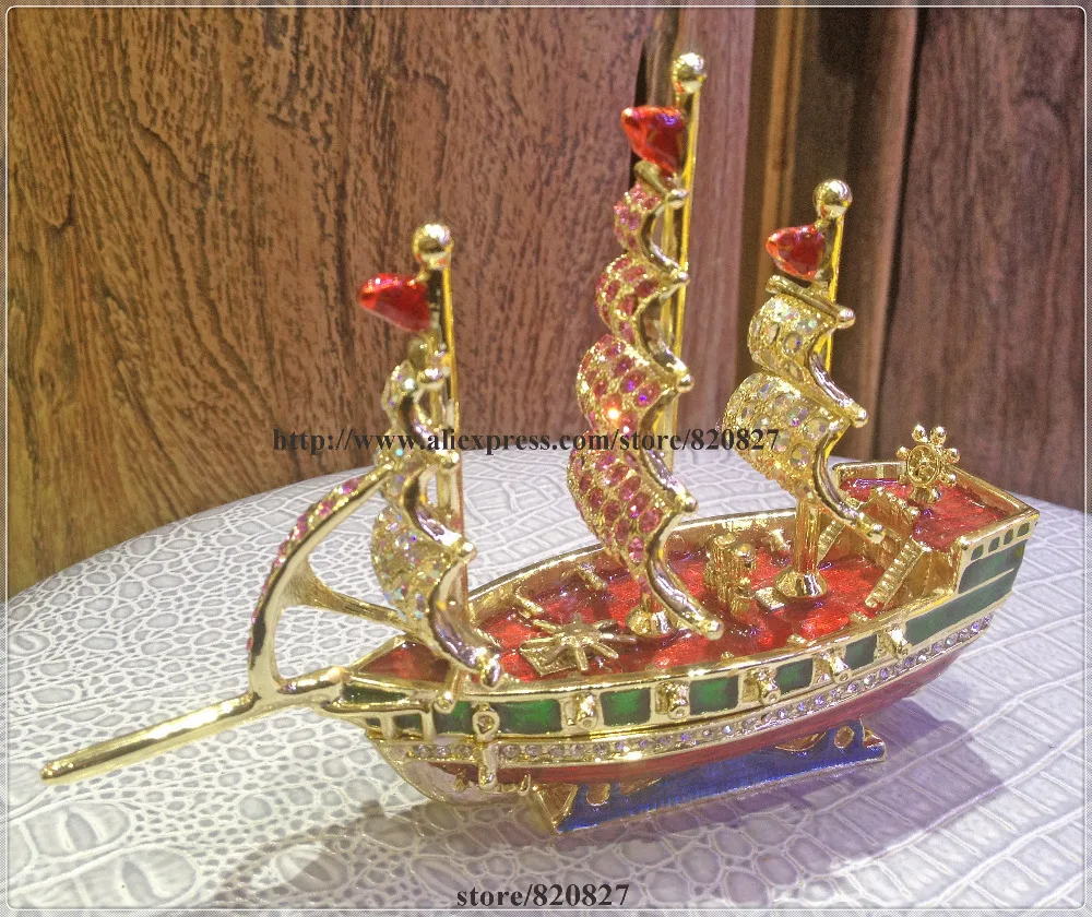 

Ship Enamel Figurine with Crystals Trinket Pill Jewelry Box Ship Boat With Sails Rhinestone Bling Collectible Hinged Trinket