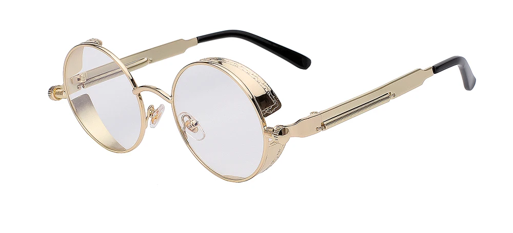 Gold w clear lens Новые круглые металлические солнцезащитные очки стимпанк для мужчин и женщин, модные очки, брендовые дизайнерские Ретро Винтажные Солнцезащитные очки UV400 - Цвет линз: Gold w clear lens