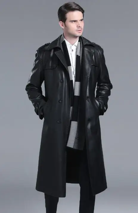 

Double breasted leather coats men long coat mens leather trench coats thicken black autumn winter fashion suits collar M - 4XL