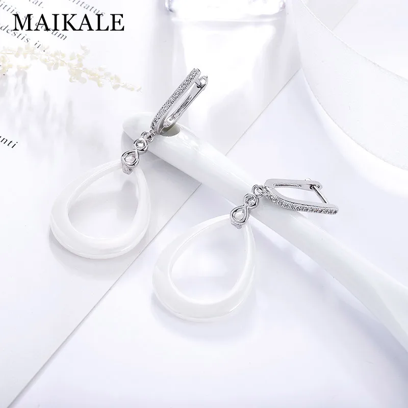 MAIKALE, новые модные черно-белые керамические Висячие серьги для женщин, Овальный Круглый Цирконий, золотые серебряные серьги-подвески ювелирные изделия, подарки