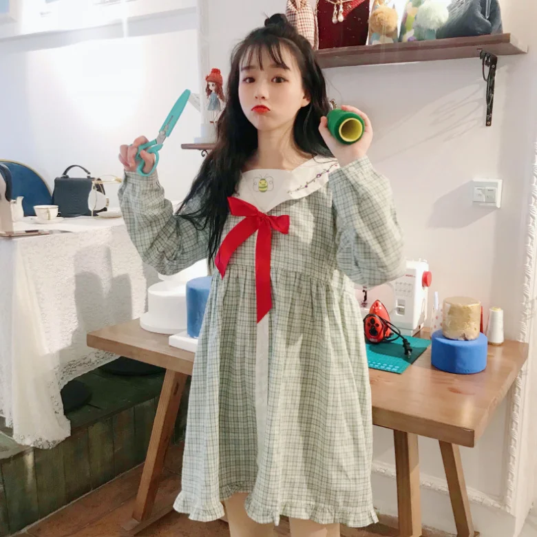 Kawaii платье лолиты весеннее женское японское милое студенческое платье с бантом и вышивкой в клетку летнее маленькое свежее платье