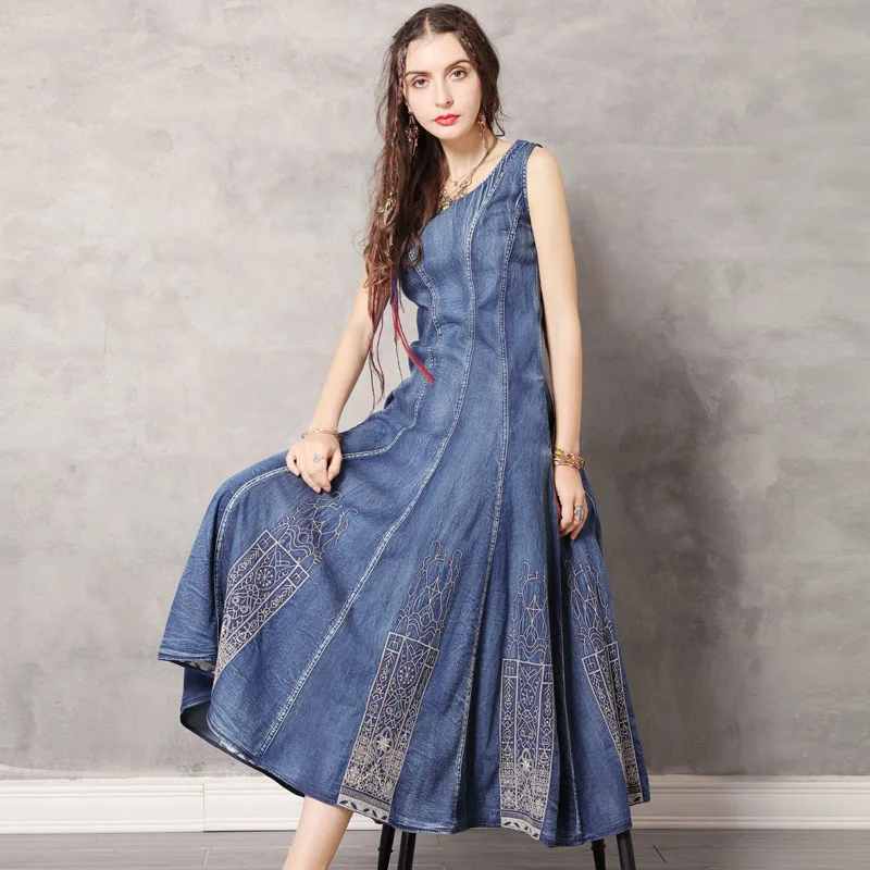 Платье OMIKRON женское винтажное синее длинное без рукавов | Женская одежда