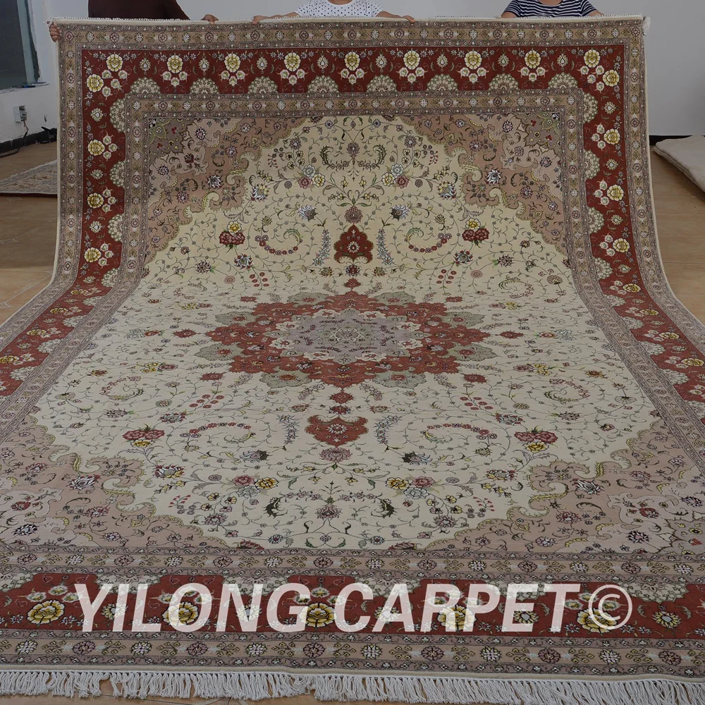Yilong 10'x14' сотканный вручную шерстяной коврик из Тебриза бежевый и розовый