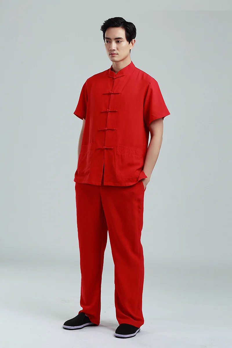 

Red Men Cotton Linen Straight Pant Chinese Kung Fu Tai Chi Trousers Elastic Waist Full Pants M L XL XXL XXXL 2350-12