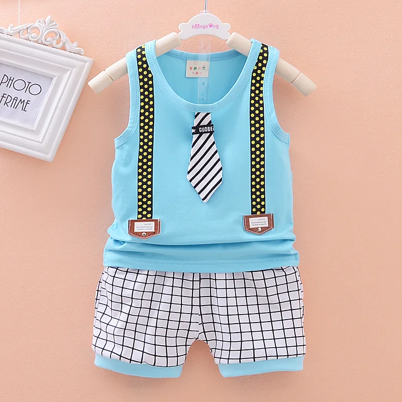 

Boy vest suit summer children's leisure clothing set boy toddler infant newborn leisure gentleman sleeveness plaid tops+shorts
