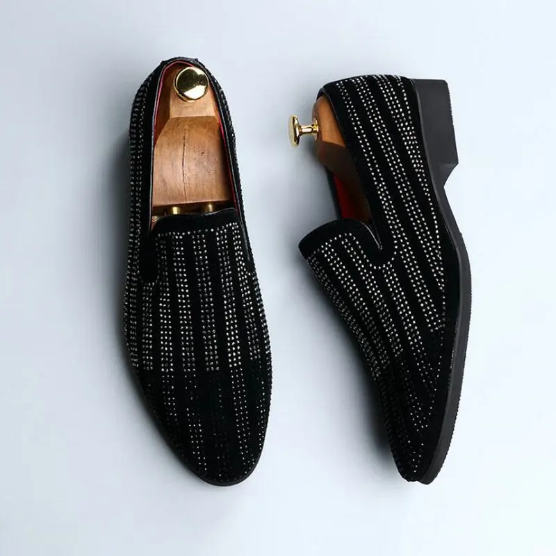 Male Pointed toe flats Driving Shoes Loafers Fashion Men dress shoes Rhinestone Black Party Wedding big size 47 LM-70Z | Обувь