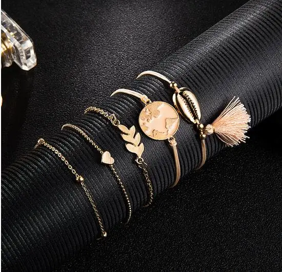 5 шт./компл. кожаный браслет с подвеской в виде листков сердца и кисточкой