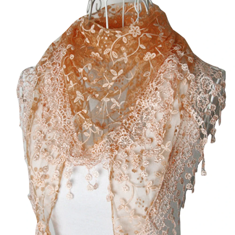 Женский шарф с бахромой Осенний Шелковый кружевной треугольный цветочным