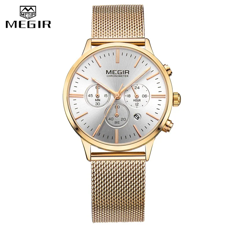Gold MEGIR модные женские часы из розового золота, роскошные брендовые кварцевые наручные часы, женские повседневные часы-браслет, спортивные часы Relogio Feminino - Цвет: Gold