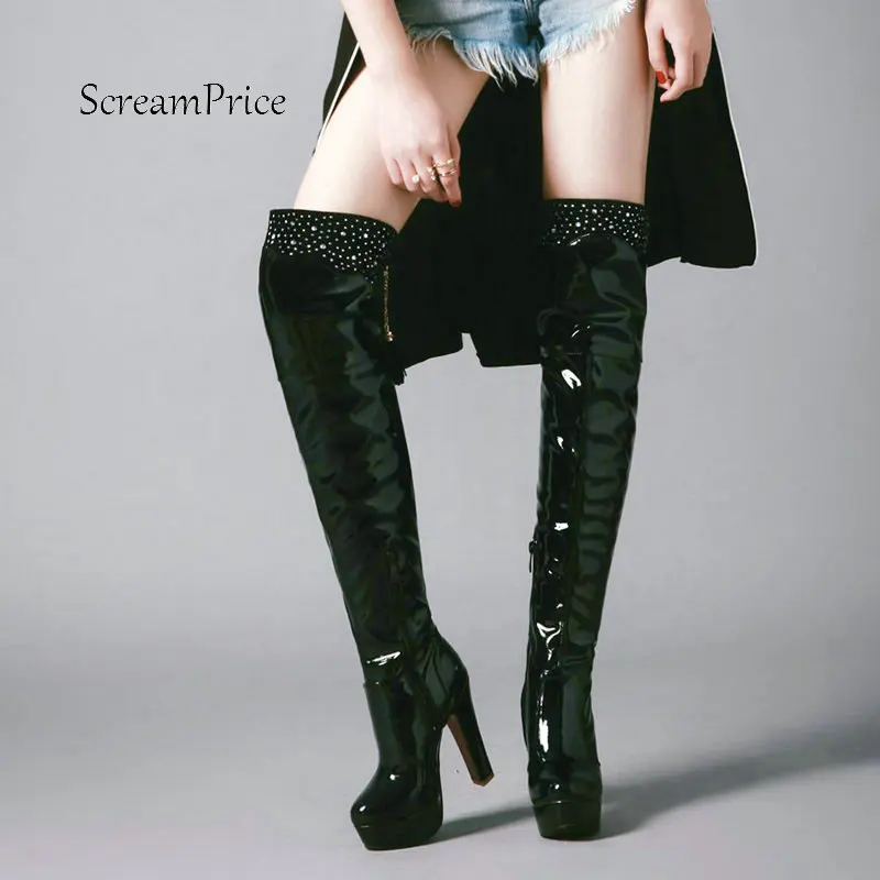 

Sexy Patent Leather Side Zipper Thick High Heel Over The Knee Boots Comfortable Platform Fashion Fringe Rivet Thigh Boots Black