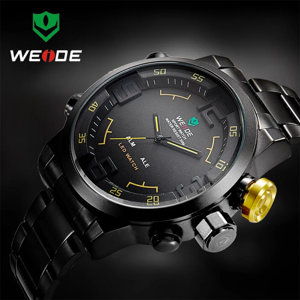 Balck Yellow Лидирующий бренд WEIDE часы мужские из нержавеющей стали цифровые часы Спортивные Наручные Часы светодиодный кварцевые Военные Наручные часы Relogio Masculino - Цвет: Balck Yellow