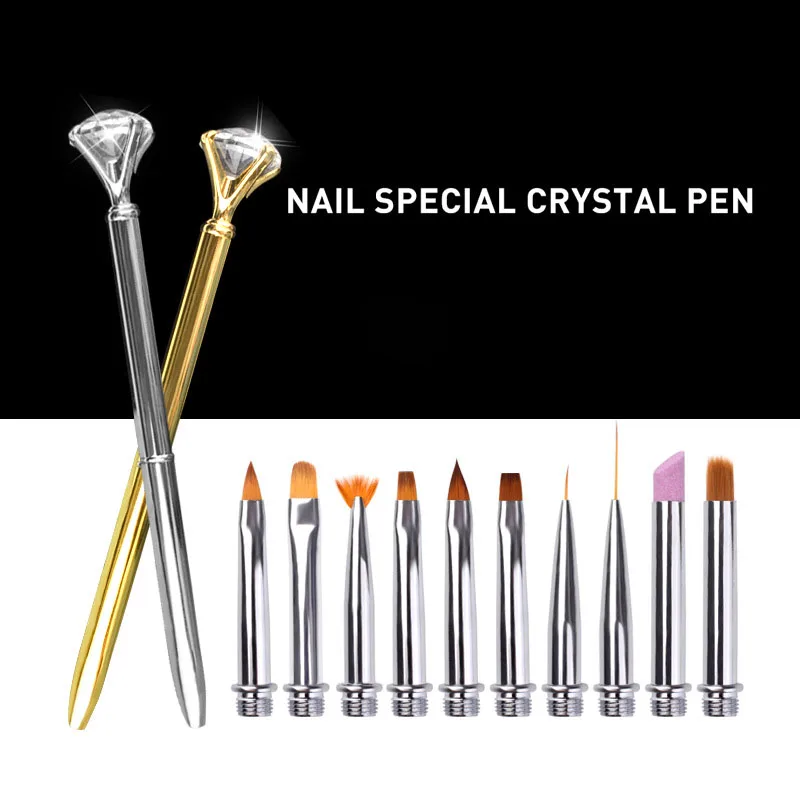 

1+10Pcs Replaceable Brush Heads High Quality Diamond Nail Art Dotting Fan Design Metal Handle Liner Pen UV Gel Manicure Tool Set