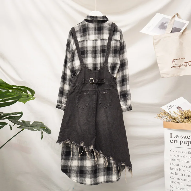 Женский комплект из 2 предметов хлопковая длинная рубашка в клетку джинсовый