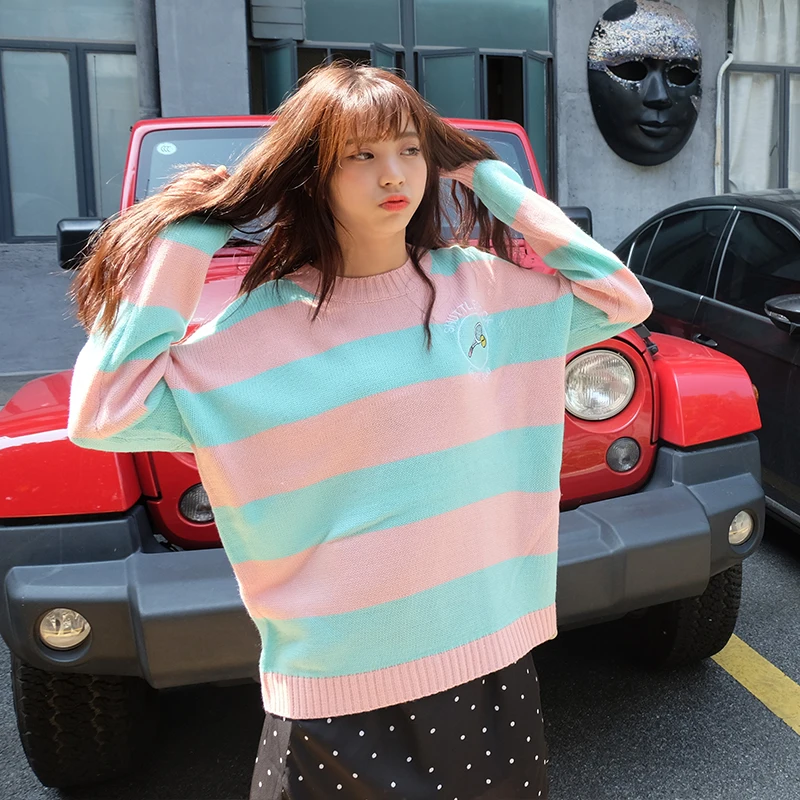 Harajuku Korean Swetaer Women Candy Color Stripe Cartoon Embroidery Loose Sweater Female Kawaii Cute Retro Knitted Jumper | Женская