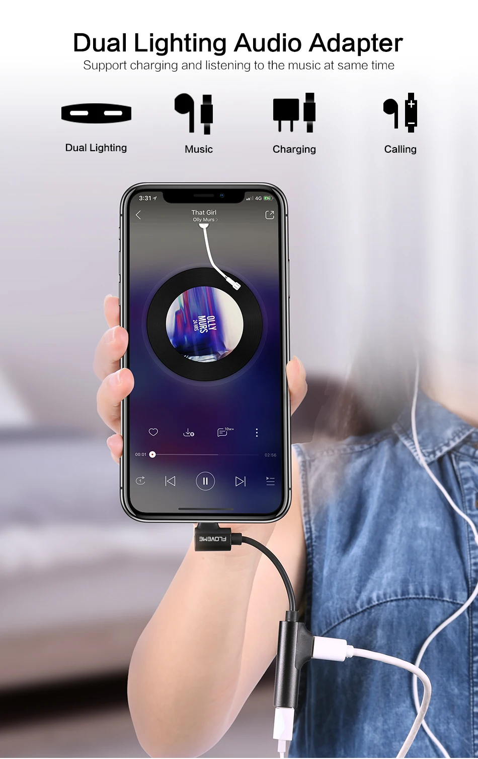 FLOVEME 2 в 1 для Lightning до 3,5 мм аудио адаптер, разъём зарядки конвертер для iPhone 7 8 X кабель сплиттер для наушников USB адаптер