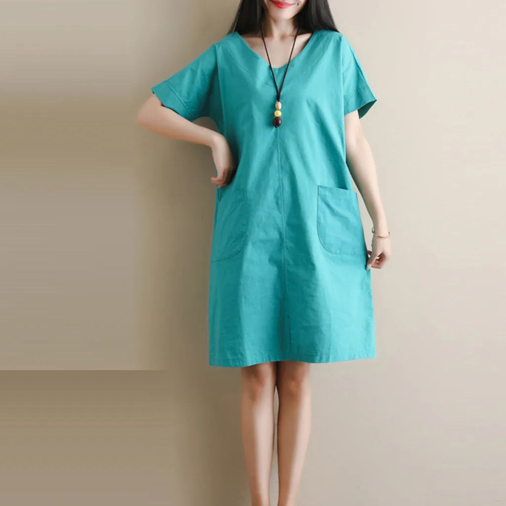 Летнее женское повседневное однотонное платье с прямым v-образным вырезом