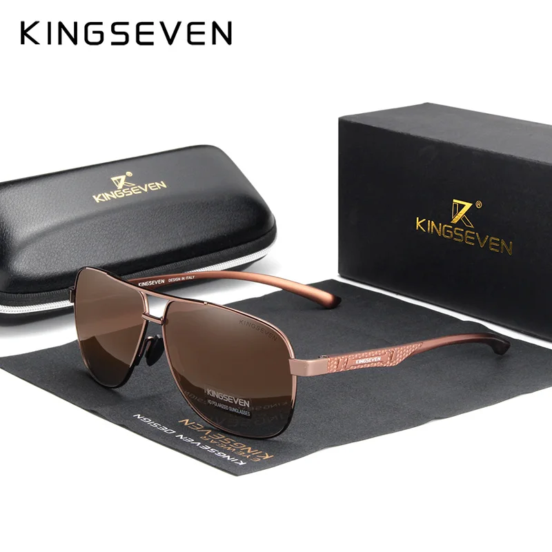 KINGSEVEN, Брендовые мужские алюминиевые солнцезащитные очки, поляризационные, UV400, зеркальные, мужские солнцезащитные очки для женщин и мужчин, Oculos de sol - Цвет линз: Brown