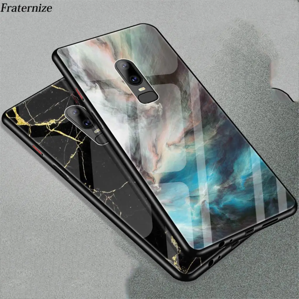 Чехол для Oneplus 6 закаленное стекло жесткая задняя крышка мраморный мультяшный Кот