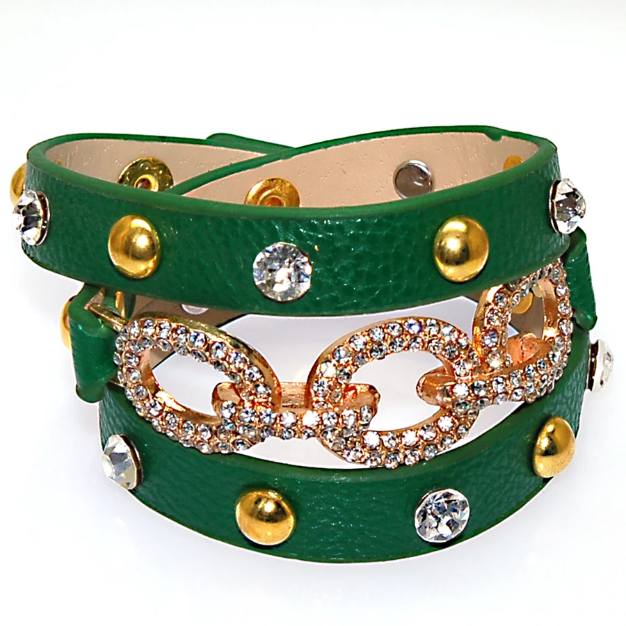 Двойной браслет с кристаллами и фианитами из ПУ кожи|wrap leather bracelet|double wrap braceletwrap