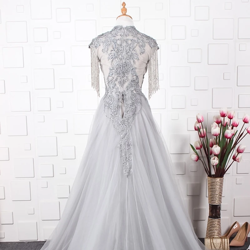 JANCEMBER вечернее длинное платье иллюзия совок шеи кисточкой кепки рукав замок