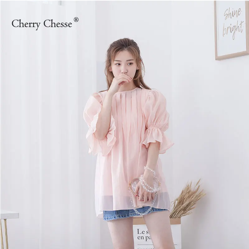 Cherry Chesse 2018 Лето Полупрозрачная блузка Для женщин с расклешенными рукавами