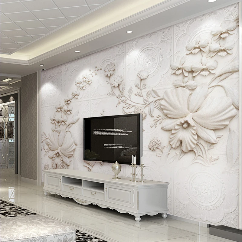 

3D Stereo White Stone Orchid TV Background Wall Mural Modern European Style Living Room Hotel Decor Wallpaper Papel De Parede 3D