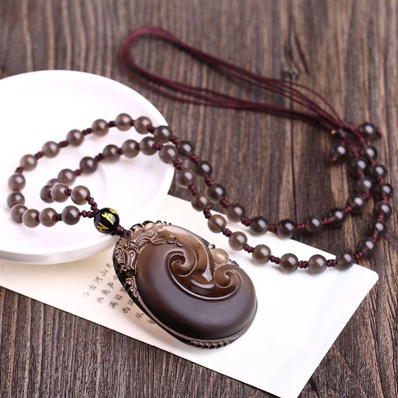 Ожерелье с натуральным обсидиановым камнем ледяного цвета кулон драконом для