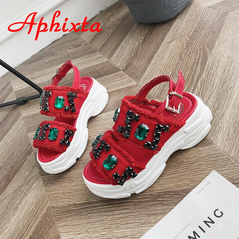 Сандалии Aphixta женские на танкетке тканевые туфли со стразами платформа