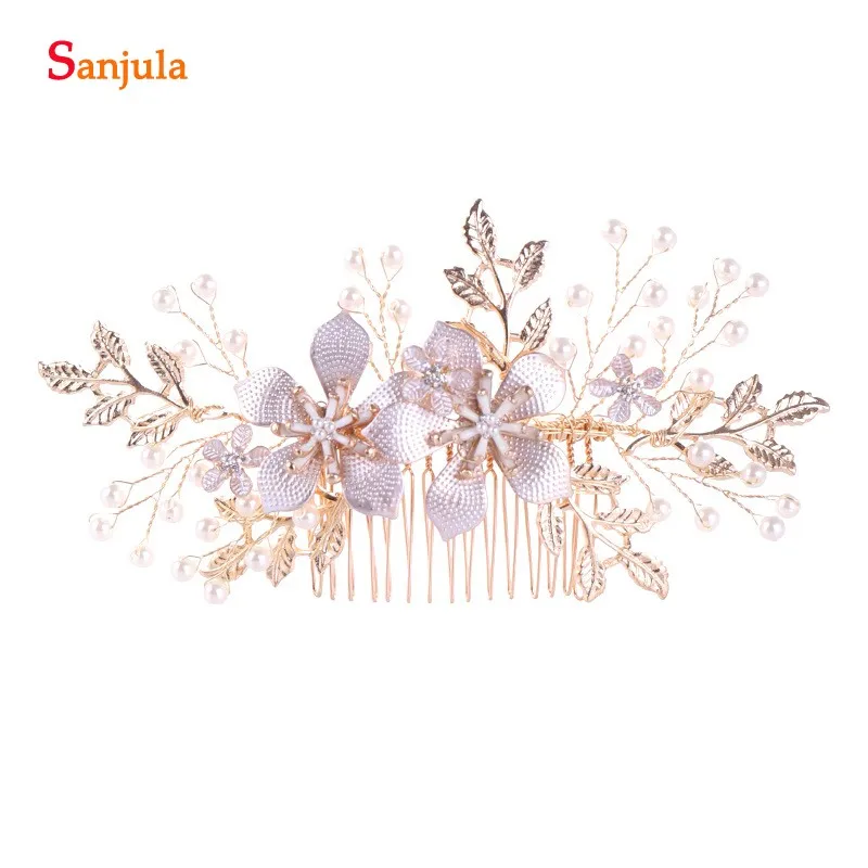 2019 Delicate Bridal Hair Combs Gold Leaves Flowers Wedding Headpieces With Pearls T103 | Свадьбы и торжества