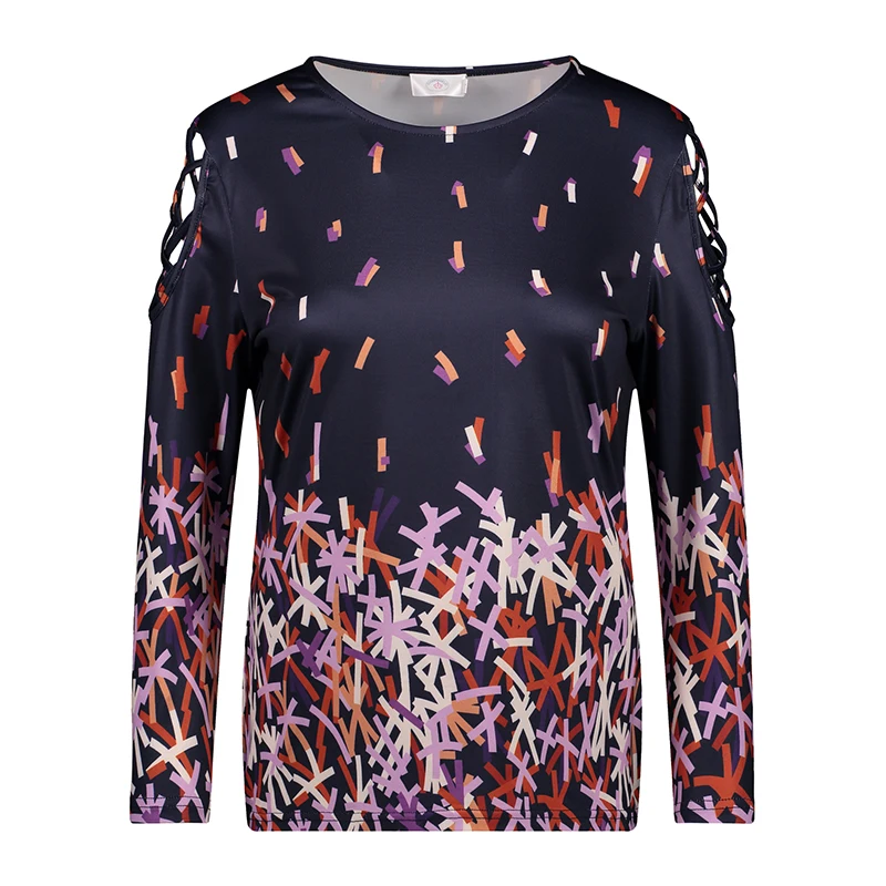Romantichut Casual Fashion Firework Print blouse Tops Plus Size Hollow Out Shoulder Long Sleeve Tee 2018 Women |