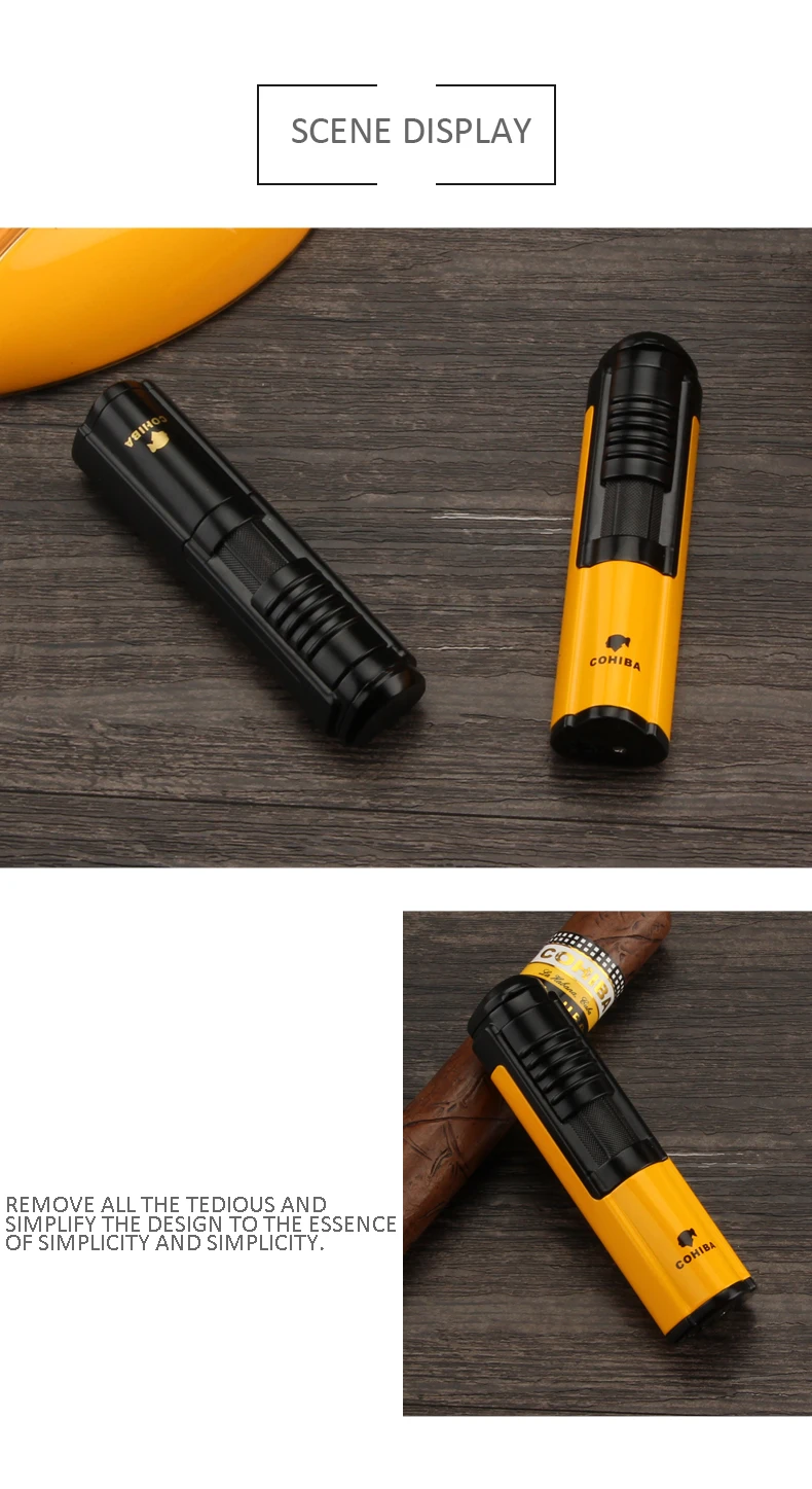 COHIBA зажигалка для сигар, 1 струйный огонь, портативный бутановый газовый прикуриватель, карманный фонарь, зажигалка, аксессуары для сигар и подарочная коробка