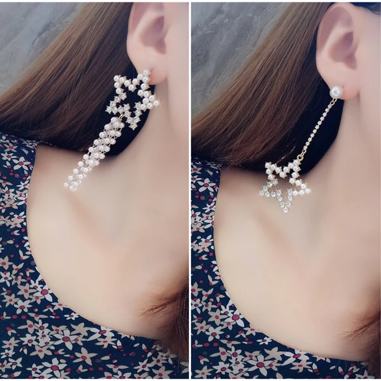 Женские асимметричные серьги подвески длинные висячие с жемчужными бусинами и