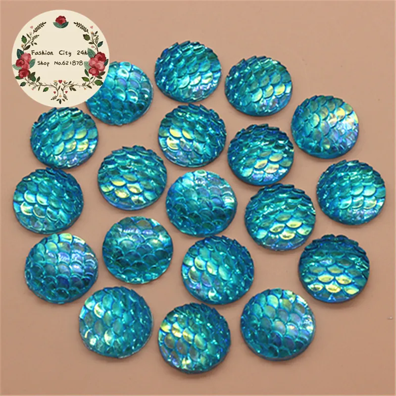 100 шт 12 мм Bling Acid Blue AB Fish Scale Pattern Flatback Смола Кабошон DIY декоративное Ремесло
