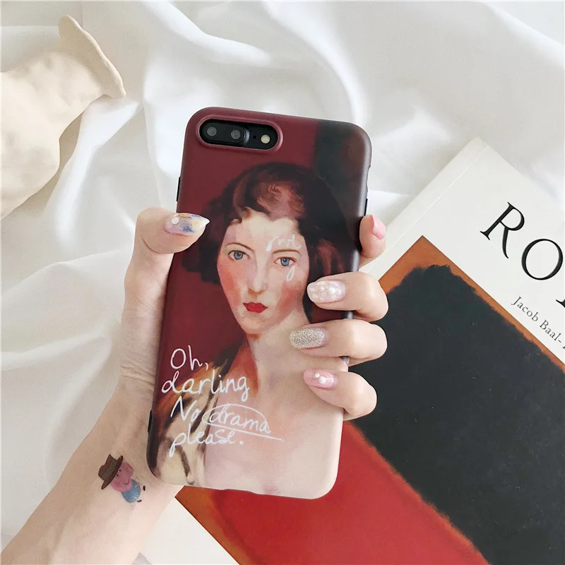 Wine Red Retro Oil painting Girl Phone case For iphone X Soft silicone cover 6S 7 8 Puls Back Funny Letter | Мобильные телефоны и