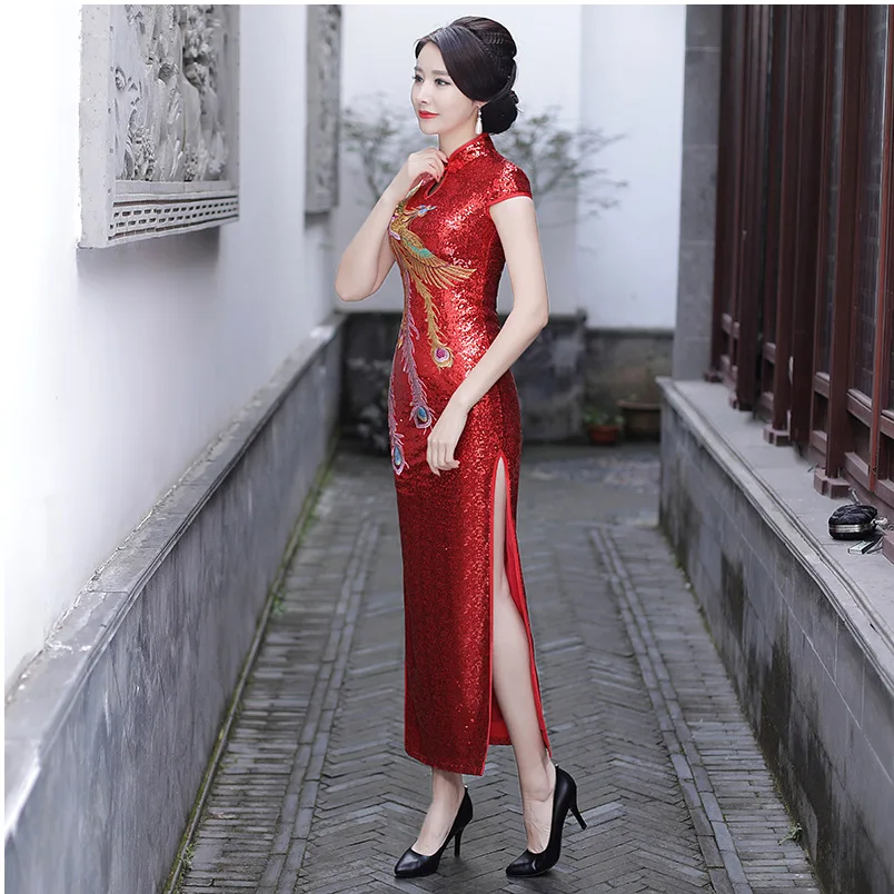 Red Cheongsam Women Traditional Dress Sexy Wedding Qipao Sequin Embroidery Chinese Oriental Dresses Vestidos Formales Long QiPao |