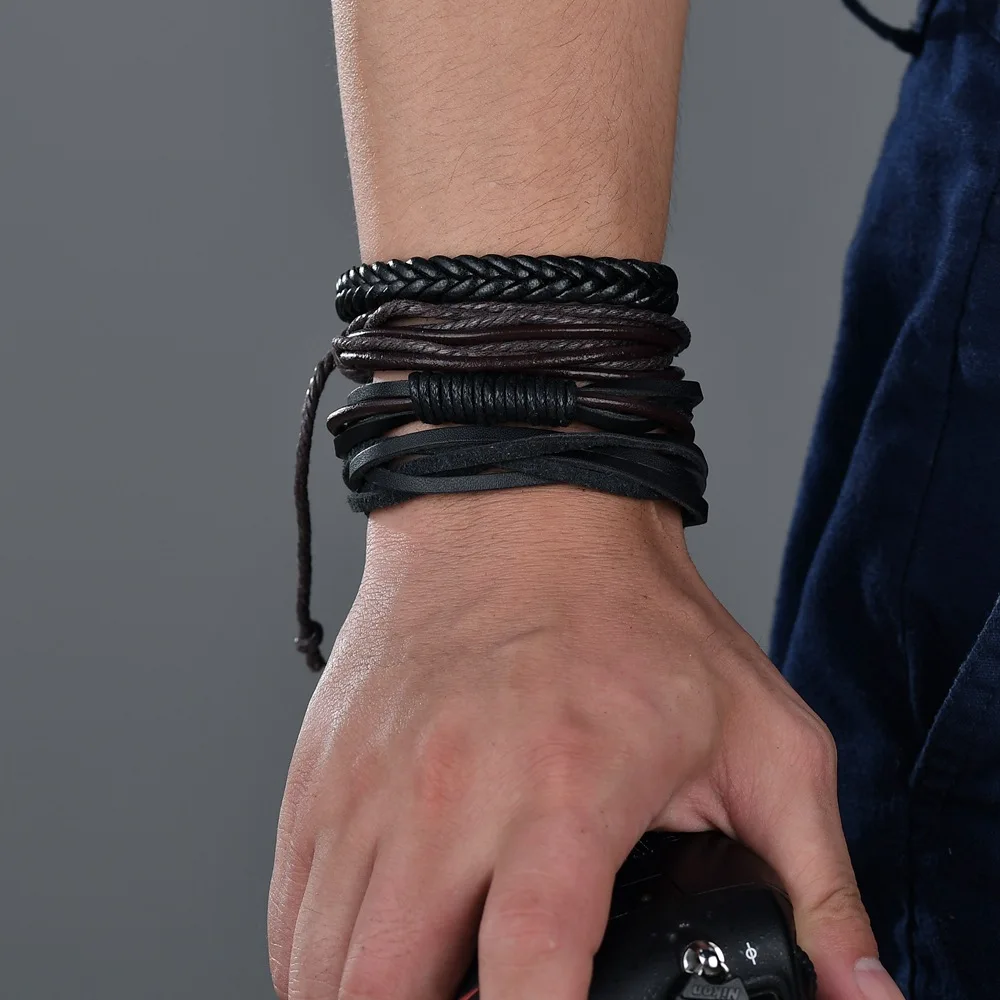 Conjunto de pulseras de cuero para hombre, brazalete de cuero trenzado con varias capas, Estilo