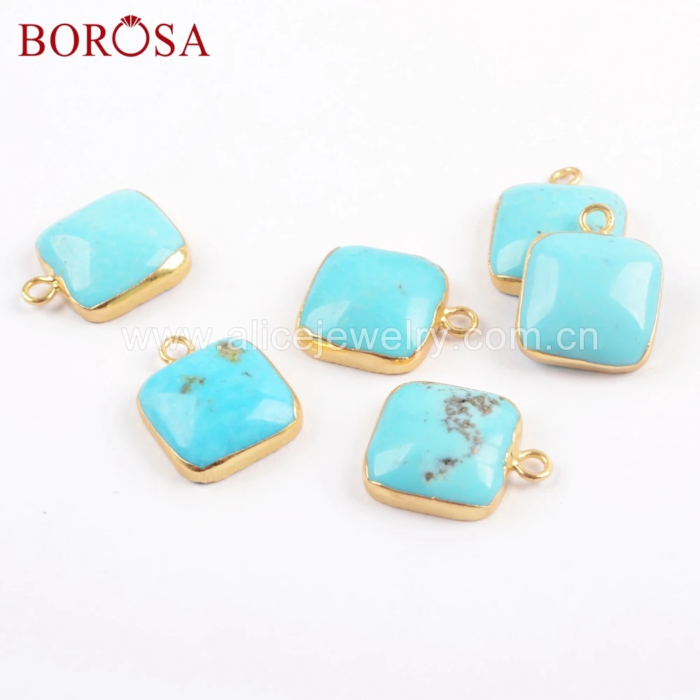 

BOROSA 100% Natural Blue Stone Pendant Beads Druzy Charm Gold Color Natural Turquoises Stone Square Curved Surface jewelry G0628