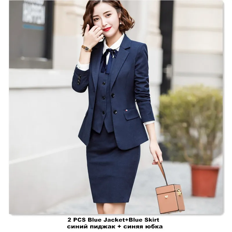 blue skirt suit Блейзер и юбка, комплект с карманами, Элегантный Приталенный Блейзер+ юбка, 2 предмета, деловой костюм с юбкой, офисная одежда 889820 - Цвет: blue skirt suit