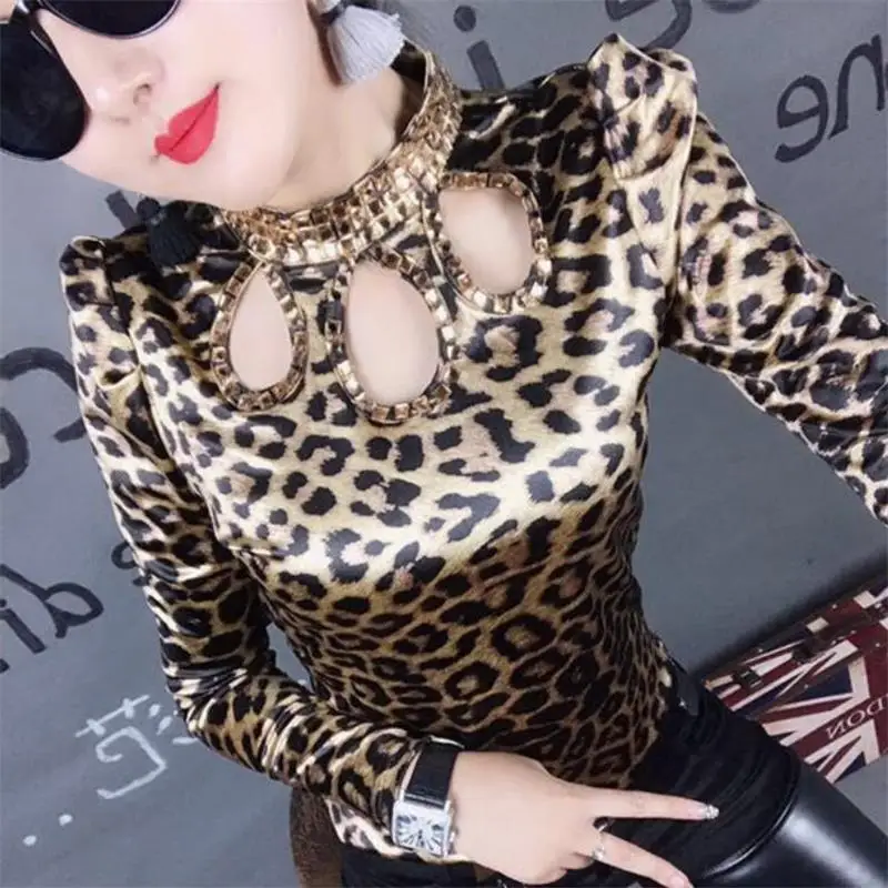Women Hollow Out Leopard Pullovers Hollow Out Leapard Tops