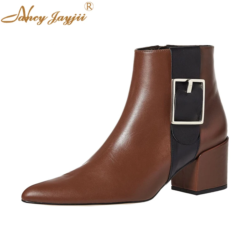 

Nancyjayjii Brown Retro Buckle Decor Women’S Ankle Boots Almond Toe High Chunky Heels Ladies Side Zipper Booties 2021 Winter