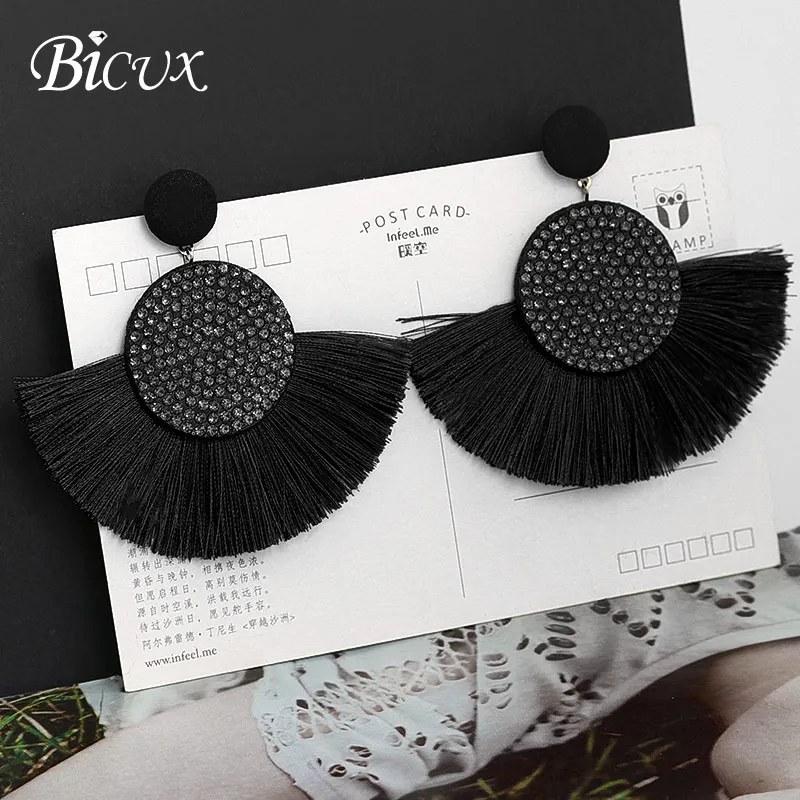 Black 1 BICUX, модные богемные массивные серьги с большими кисточками,, красные, желтые, зеленые, шелковые висячие серьги из ткани для женщин, ювелирные изделия - Окраска металла: Black 1
