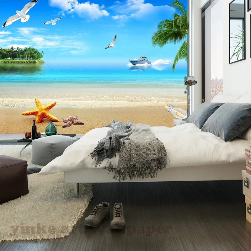 Фотообои на заказ 3d фрески морской берег санспляж кокосовое дерево птица