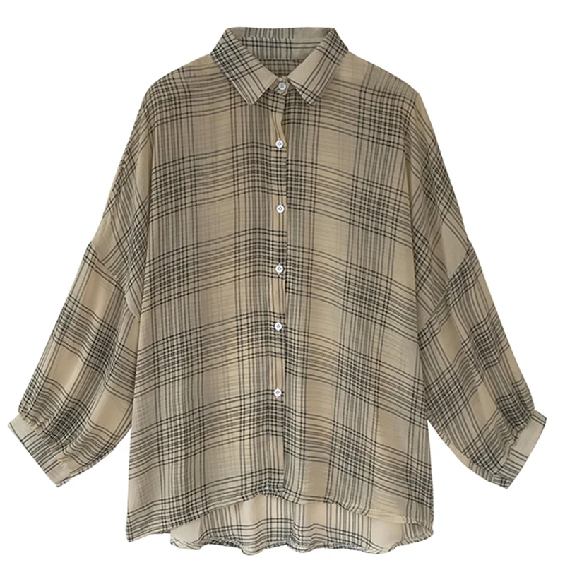 

Shirts Women Plaid Long Sleeve Daily Chiffon Retro Korean Style Womens All-match Simple Chic Casual 2020 New Famales Blouses