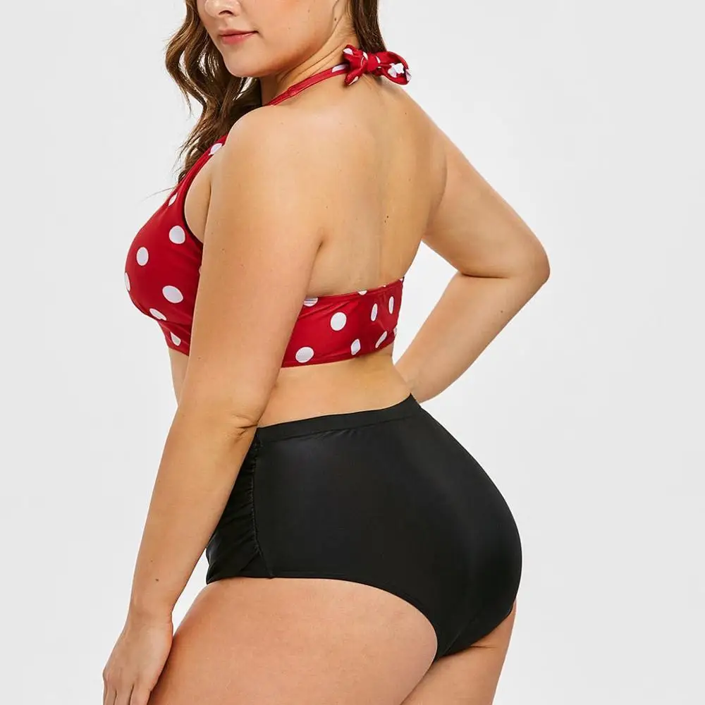 2019 Women swimwear Summer Plus Size maternity Ladies large Wave Dot Print Hanging Neck Straps Split Swimsuit A1 |