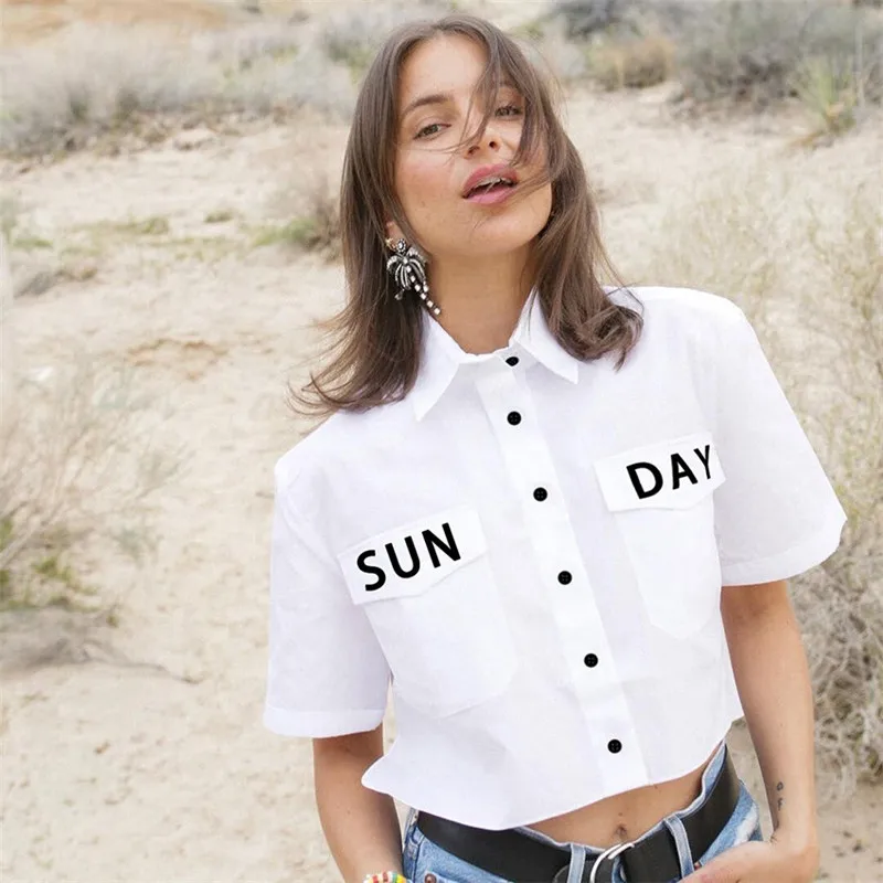 Streetwear Sunday Letter Printed Blouse Women Summer Chic Girl's Short Sleeve Buttons Pockets Shirts Party 2019 | Женская одежда