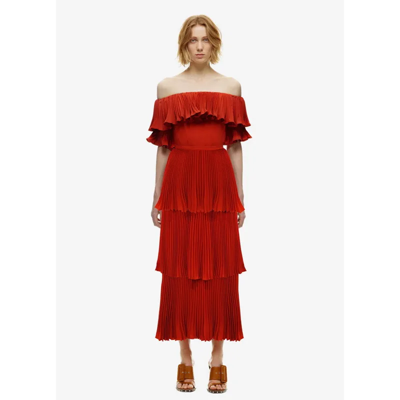 

2019 Limited Rushed Polyester Solid Short Ankle-length Dress Vadim Summer Dress Layer Cake Collar Wood Ear Pleated Maxi Woman