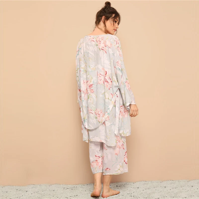 SHEIN цветочный принт Cami пижамный комплект с халатиком для женщин Летняя повседневная одежда для сна Спагетти ремень с длинным рукавом поясом женский халат