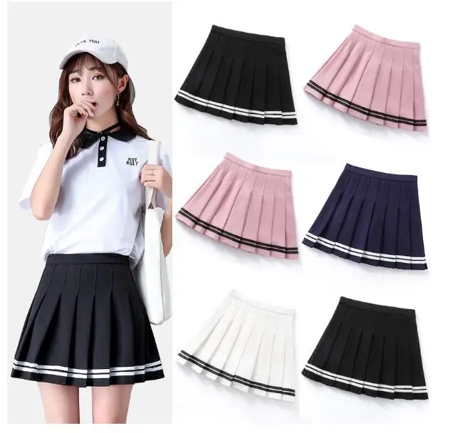 1 piece Summer high waist strip pleated skirt Wind Cosplay kawaii Female Mini stripted Skirt with safety