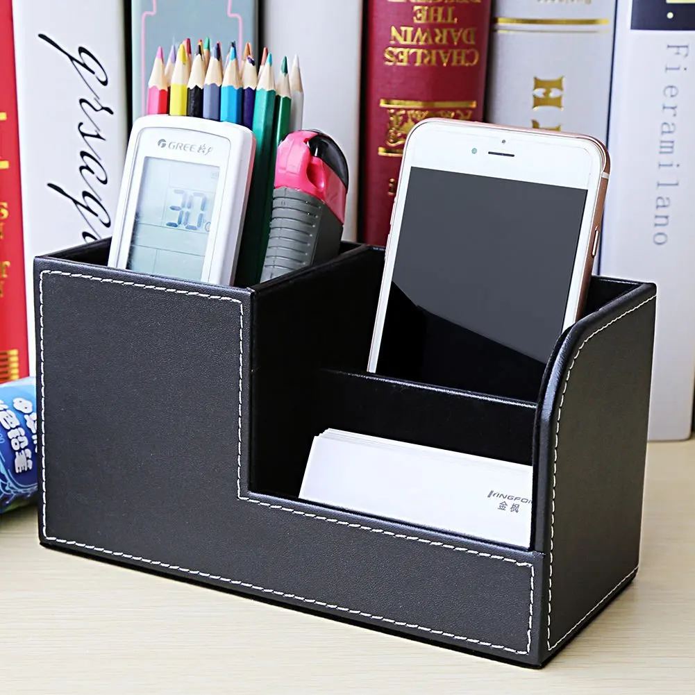 

PU Leather Desk Stationery Box Organizer, Office Desktop Organizer with 3 Divided Storage Compartments for Storing Pen/ Remote