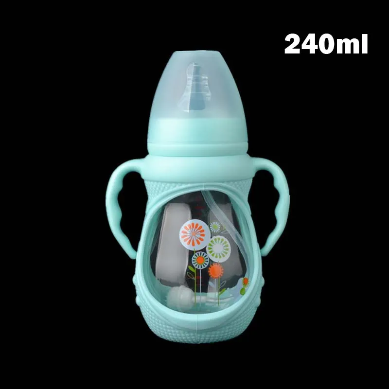 240ml Blue L 150/240 мл детская стеклянная бутылка Антиколиковая широкая горловина со съемной ручкой бутылочка для кормления для новорожденных малышей BPA бесплатно 8 унций - Цвет: 240ml Blue L